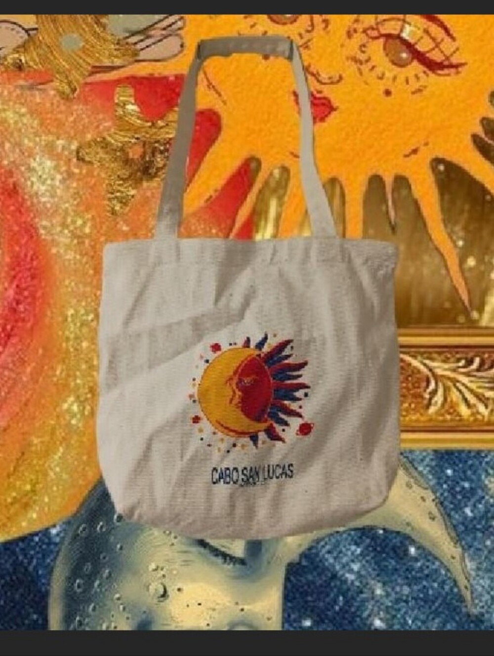 Vintage 90s CABO SAN LUCAS Mexico Canvas Tote Bag with Sun & Moon Graphic